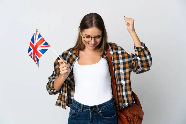 Mladá Litevka Drží Vlajku Spojeného Království Izolované Bílém Pozadí Dělá — Stock fotografie