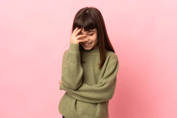 Little Girl Isolated Pink Background Laughing — Stock Photo, Image