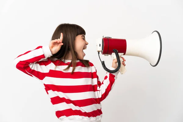 Little Girl Isolated White Background Shouting Megaphone Announce Something Lateral — Stock Photo, Image