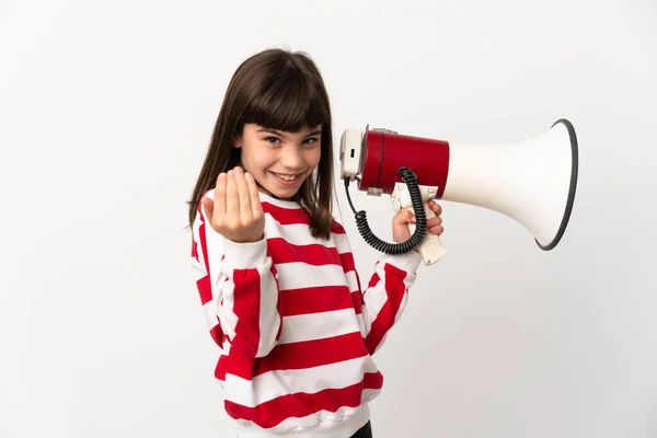 Little Girl Isolated White Background Holding Megaphone Inviting Come Hand — Stock Photo, Image