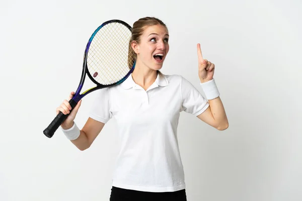 Jonge Kaukasische Vrouw Geïsoleerd Witte Achtergrond Spelen Tennis Wijzen Omhoog — Stockfoto