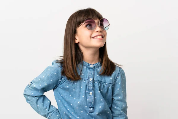 Little Girl Sunglasses Isolated White Background Thinking Idea While Looking — Stock Photo, Image