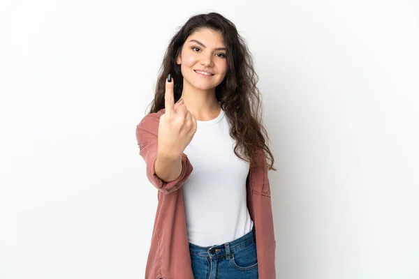 Adolescente Russo Menina Isolado Fundo Branco Fazendo Vinda Gesto — Fotografia de Stock