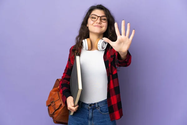 Estudante Adolescente Isolado Fundo Roxo Contando Cinco Com Dedos — Fotografia de Stock