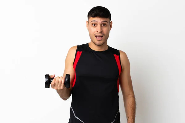 Young Sport Woman Making Weightlifting Surprise Shocked Facial Expression — Foto Stock