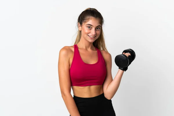 Jonge Kaukasische Vrouw Geïsoleerd Witte Achtergrond Maken Gewichtheffen — Stockfoto