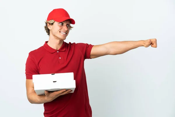 Pizza Delivery Man Isolated White Background Κάνοντας Μια Χειρονομία — Φωτογραφία Αρχείου
