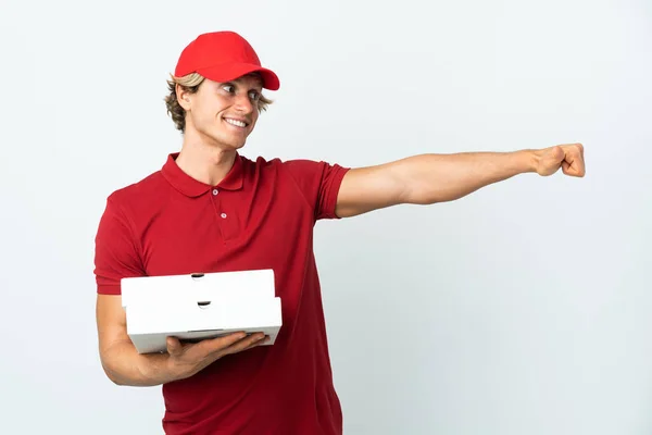 Homem Entrega Pizza Sobre Fundo Branco Isolado Dando Gesto Polegares — Fotografia de Stock