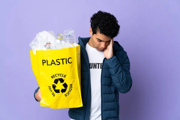 Young Venezuelan Man Holding Bag Full Plastic Bottles Headache — Stock Photo, Image