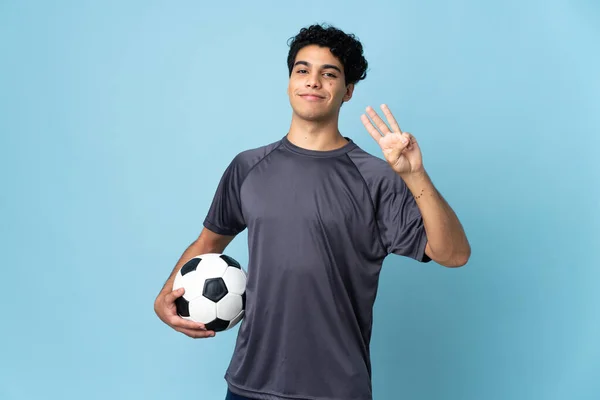 Wenezuelski Piłkarz Człowiek Odosobnionym Tle Szczęśliwy Liczyć Trzy Palce — Zdjęcie stockowe