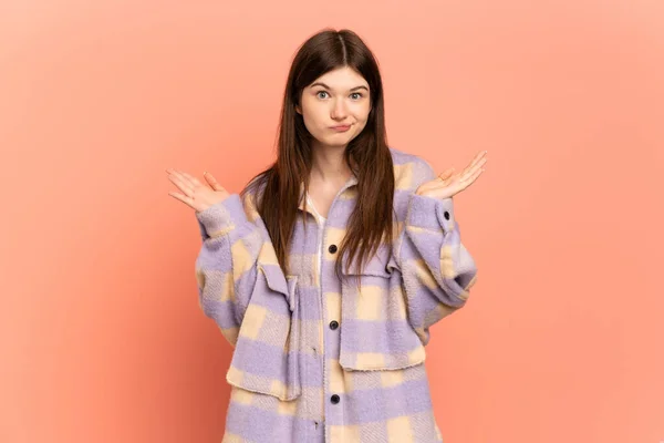 Young Ukrainian Girl Isolated Pink Background Making Doubts Gesture — Stock Photo, Image