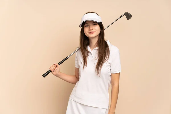 Jovem Ucraniana Menina Isolada Fundo Bege Jogar Golfe — Fotografia de Stock