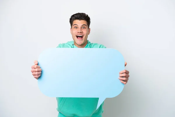 Young Handsome Caucasian Man Isolated White Bakcground Holding Empty Speech — Stock Photo, Image