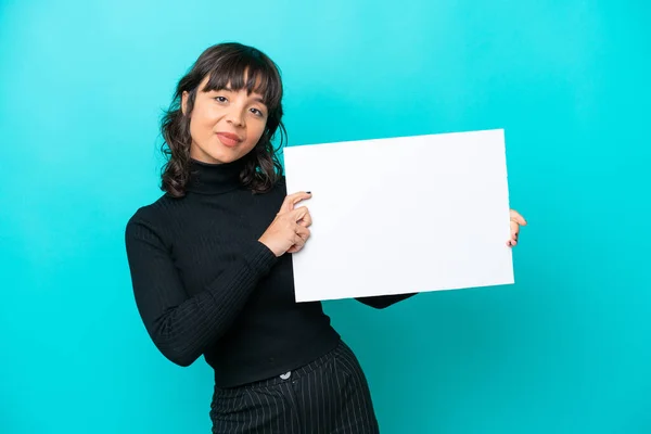 Young Latin Woman Isolated Blue Background Holding Empty Placard Happy — Stock Photo, Image