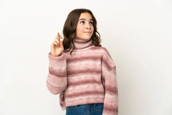 Klein Blank Meisje Geïsoleerd Witte Achtergrond Met Vingers Kruisen Wensen — Stockfoto