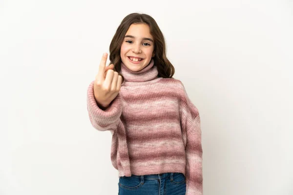 Pouco Caucasiano Menina Isolado Fundo Branco Fazendo Vinda Gesto — Fotografia de Stock