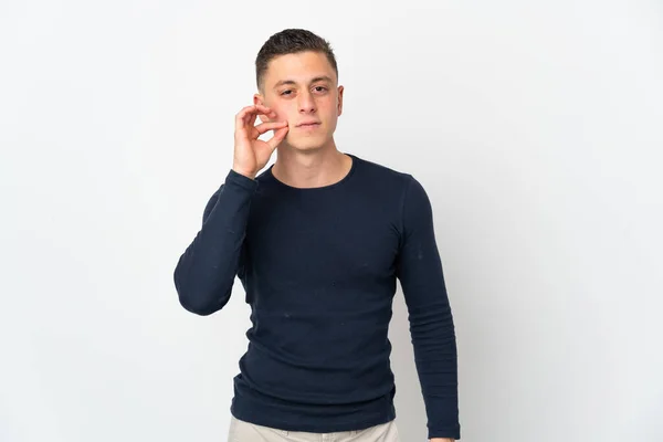 Young Caucasian Man Isolated White Background Showing Sign Silence Gesture — Stock Photo, Image