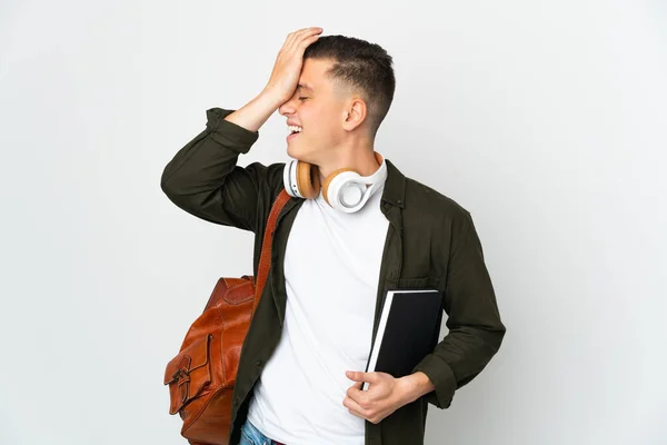 Joven Caucásico Estudiante Hombre Aislado Blanco Fondo Realizado Algo Intención — Foto de Stock