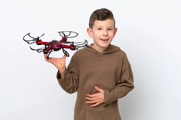 Little Caucasian Boy Holding Drone Isolated White Background Smiling Lot — Stock Photo, Image