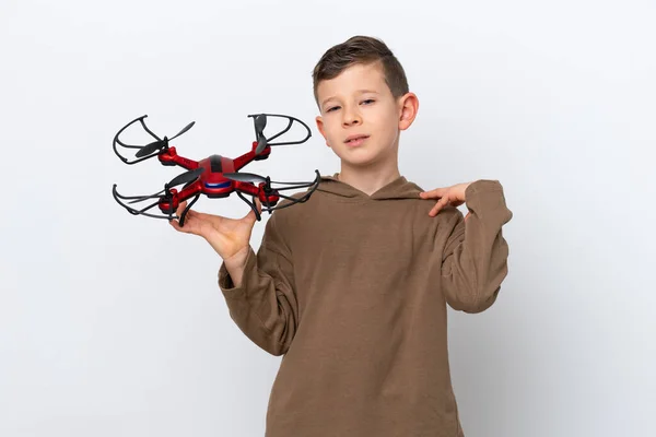 Little Caucasian Boy Holding Drone Isolated White Background Suffering Pain — Stock Photo, Image