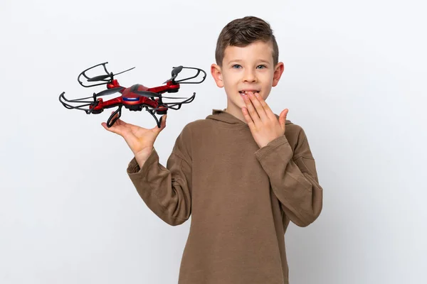 Little Caucasian Boy Holding Drone Isolated White Background Happy Smiling — Stock Photo, Image