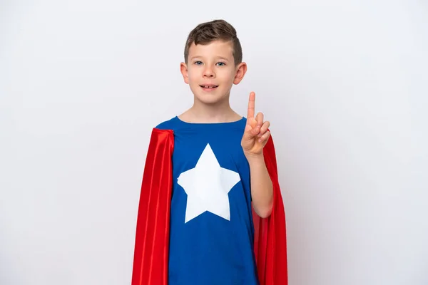 Super Hrdina Malý Chlapec Izolovaný Bílém Pozadí Ukazuje Skvělý Nápad — Stock fotografie