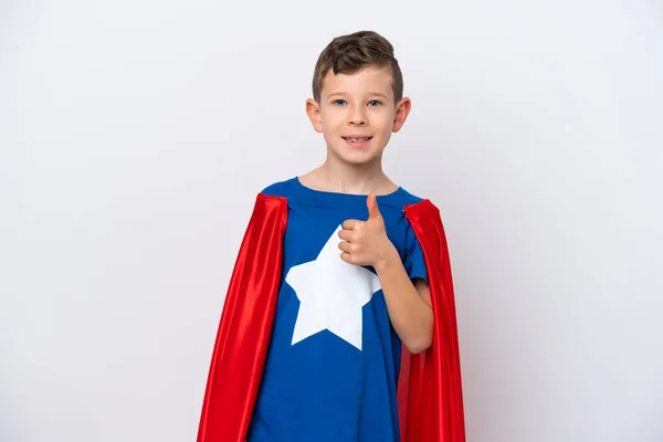 Super Hrdina Malý Chlapec Izolované Bílém Pozadí Dává Palce Nahoru — Stock fotografie