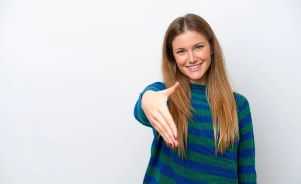 Jeune Femme Caucasienne Isolée Sur Fond Blanc Serrant Main Pour — Photo