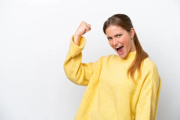 Jeune Femme Caucasienne Isolée Sur Fond Blanc Célébrant Une Victoire — Photo