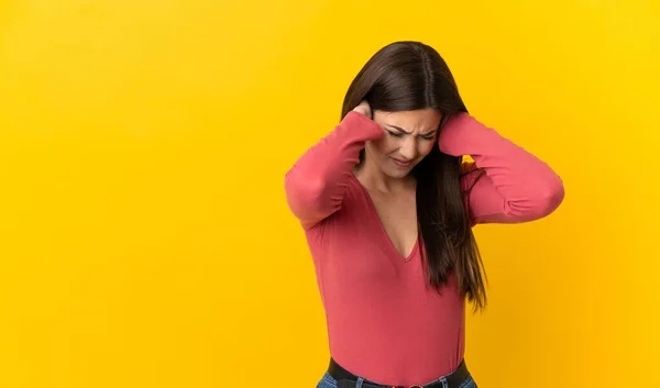 Teenager Brazilian Girl Isolated Yellow Background Frustrated Covering Ears — Stock Photo, Image