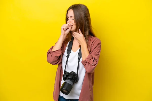 Young Photographer Caucasian Woman Isolated Yellow Background Suffering Cough Feeling — Stock Photo, Image