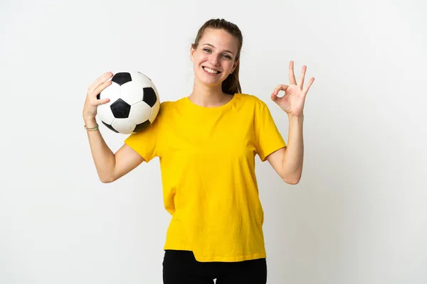 Young Caucasian Woman Isolated White Background Soccer Ball Making Sign — Stock Photo, Image