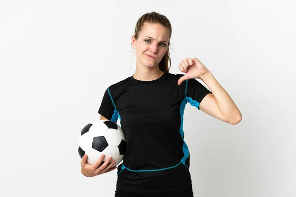 Jonge Voetballer Vrouw Geïsoleerd Witte Achtergrond Tonen Duim Naar Beneden — Stockfoto
