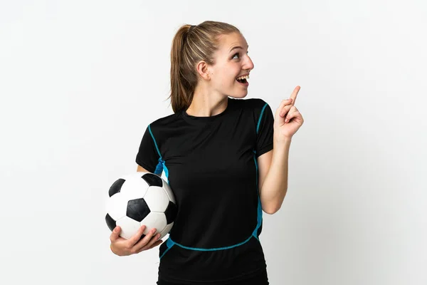 Νεαρή Ποδοσφαιριστής Γυναίκα Απομονωμένη Λευκό Φόντο Σκοπό Συνειδητοποιήσει Λύση Ενώ — Φωτογραφία Αρχείου