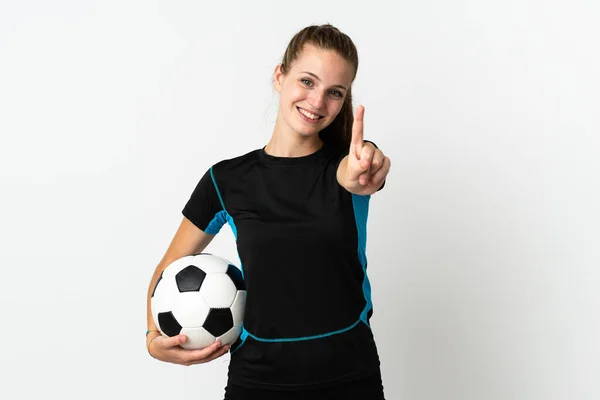 Mladý Fotbalista Žena Izolované Bílém Pozadí Ukazující Zvedající Prst — Stock fotografie