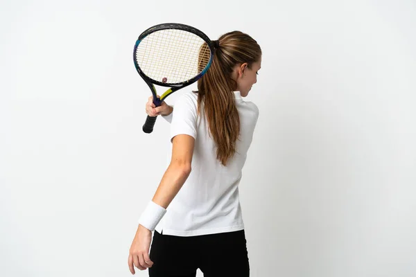 Молода Біла Жінка Ізольована Білому Тлі Грає Теніс — стокове фото