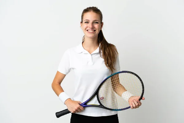 被白人背景隔离的年轻的高加索女人打网球 — 图库照片
