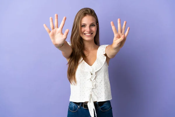 Молодая Белая Женщина Изолированном Фоне Насчитывающая Девять Пальцев — стоковое фото