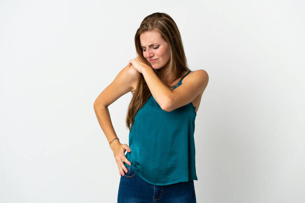 Young caucasian woman over isolated background suffering from pain in shoulder for having made an effort