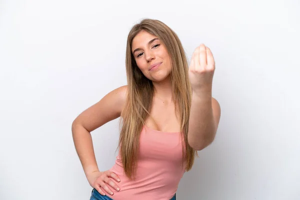 Joven Mujer Caucásica Aislada Bakcground Blanco Haciendo Gesto Italiano — Foto de Stock