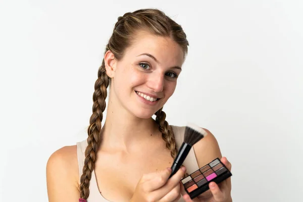 Mujer Joven Caucásica Aislada Sobre Fondo Blanco Con Paleta Maquillaje — Foto de Stock