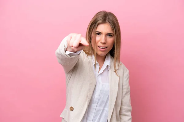 Young Caucasian Woman Isolated Pink Bakcground Frustrated Pointing Front — Stock Photo, Image