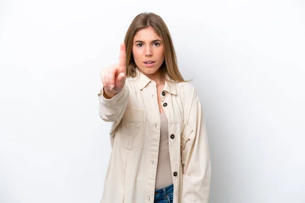 Young Caucasian Woman Isolated White Bakcground Counting One Serious Expression — Stock Photo, Image