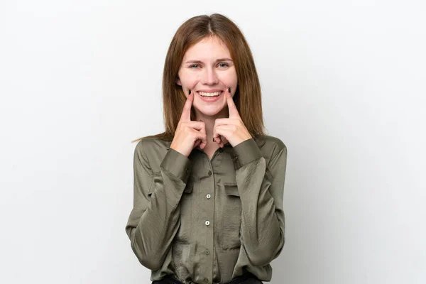 Νεαρή Αγγλίδα Γυναίκα Απομονωμένη Λευκό Φόντο Χαμογελώντας Μια Χαρούμενη Και — Φωτογραφία Αρχείου