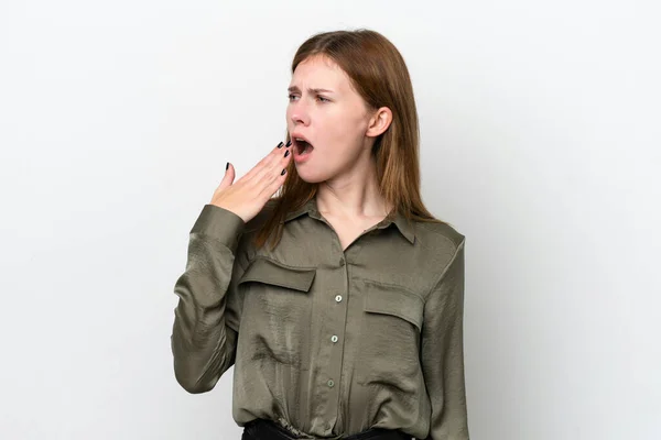 Giovane Donna Inglese Isolata Sfondo Bianco Sbadigliando Coprendo Bocca Spalancata — Foto Stock