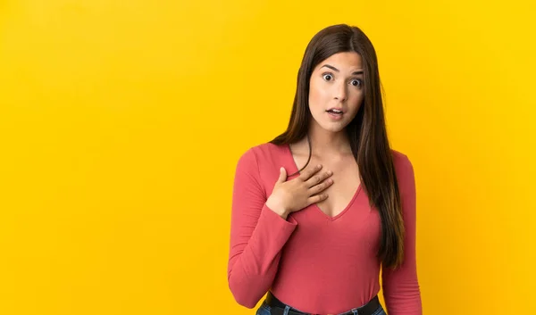 Teenager Brazilian Girl Isolated Yellow Background Pointing Oneself — Stock Photo, Image