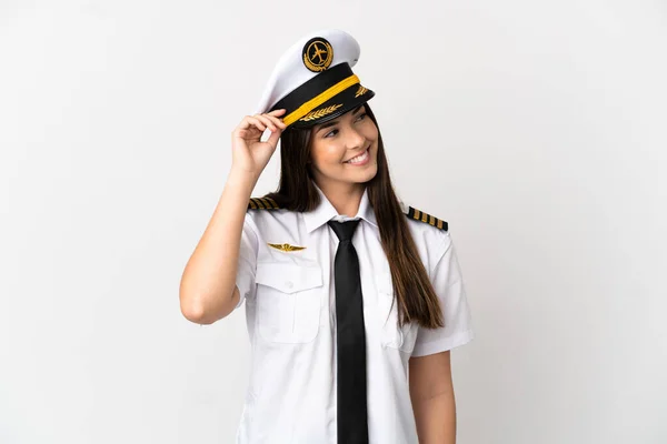 Brasiliano Ragazza Pilota Aereo Isolato Sfondo Bianco Pensando Idea — Foto Stock