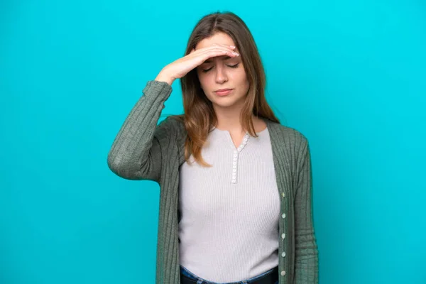 Young Caucasian Woman Isolated Blue Background Headache — Stock Photo, Image