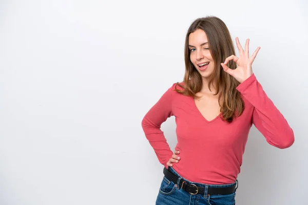 Mujer Joven Caucásica Aislada Sobre Fondo Blanco Mostrando Signo Con — Foto de Stock