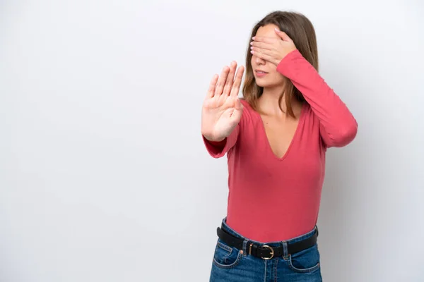 Young Caucasian Woman Isolated White Background Making Stop Gesture Covering — Stock Photo, Image